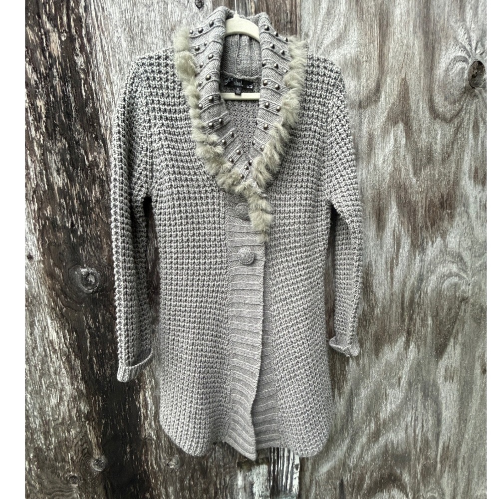 Sioni Gray Faux Fur Studded Longline Cardigan Sweater Indie Sleaze Glam Y2K M